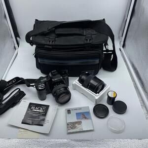 Black 35mm SLR Film Camera Kit with Carrying Bag and Extra Lens